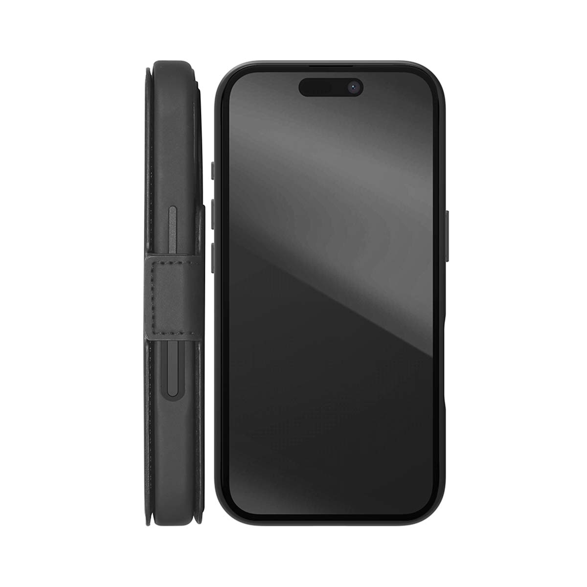 Funda negra para iPhone con tapa, vista lateral y frontal.