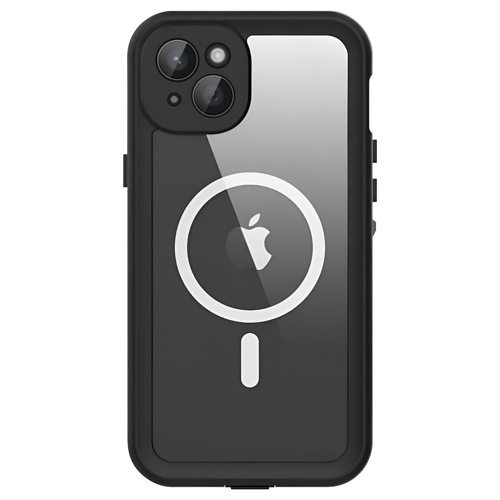 Rückseite eines schwarzen iPhone-Schutzcovers mit Apple-Logo und MagSafe-Kreis.