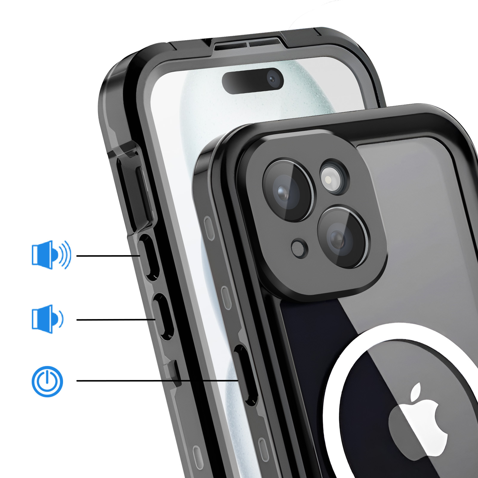 Ein schwarzes iPhone mit Schutzhülle und Kameraobjektiven.
