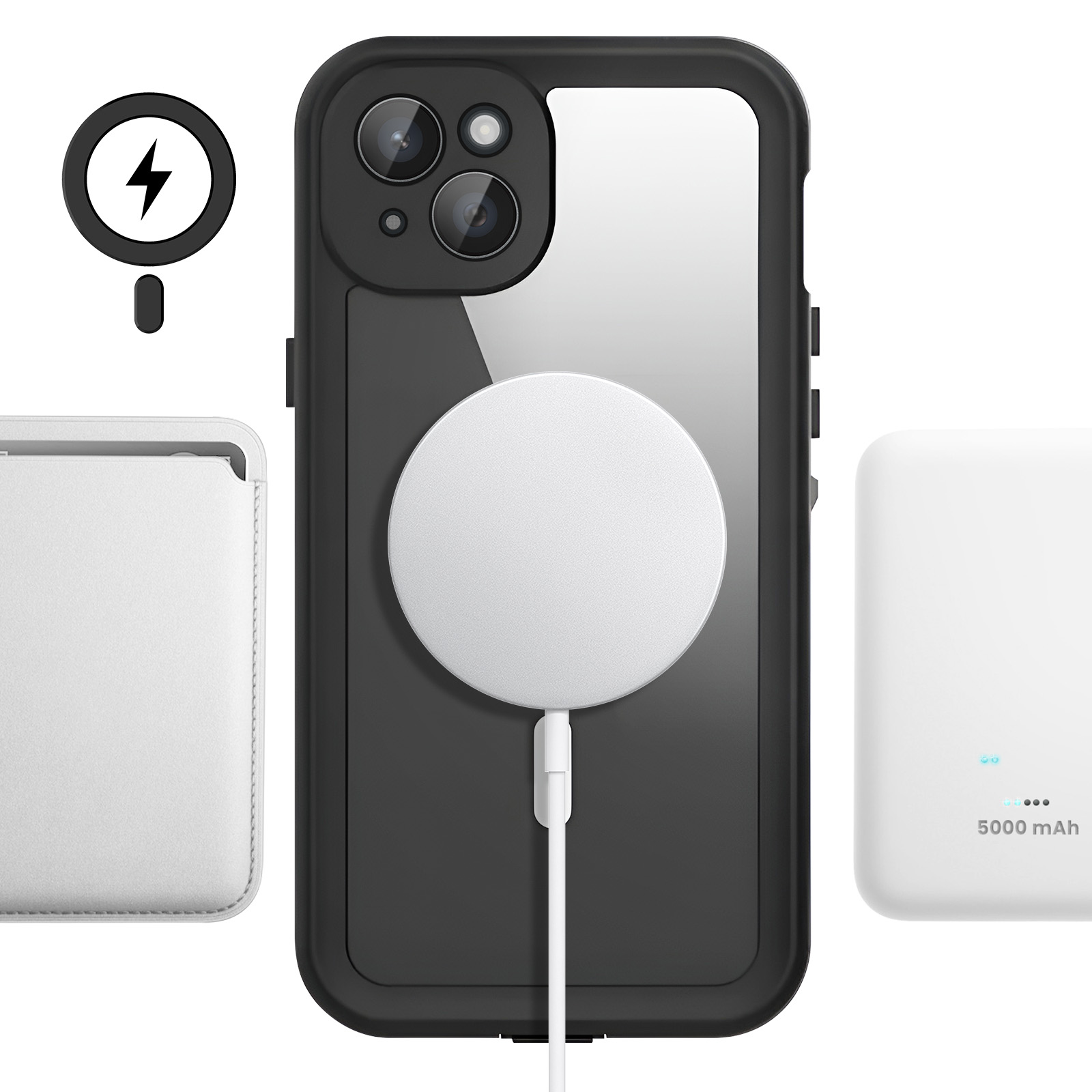 iPhone mit MagSafe-Ladegerät, Brieftasche, Powerbank und Ladesymbol.
