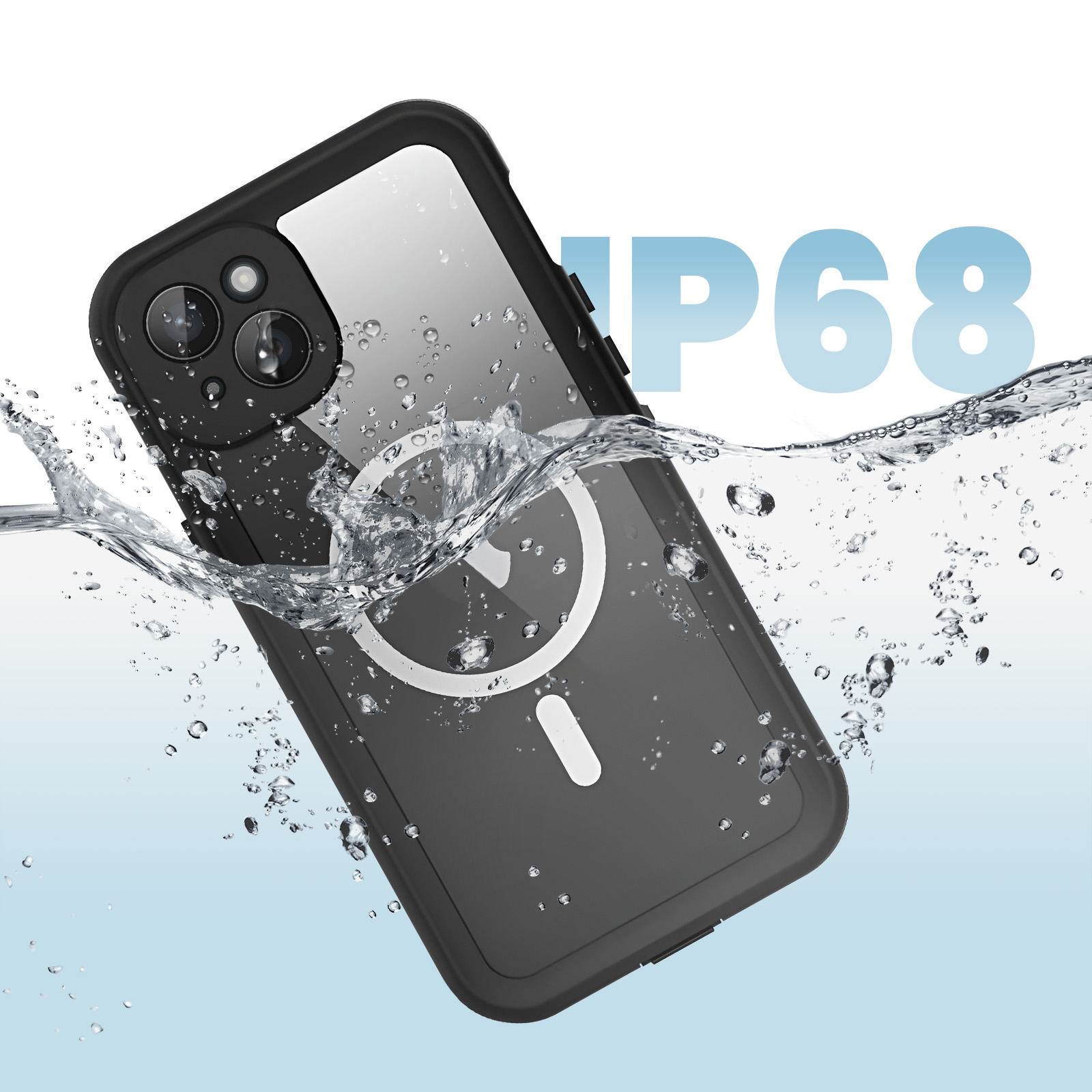 Ein schwarzes iPhone im IP68-wasserdichten Gehäuse, das ins Wasser fällt.