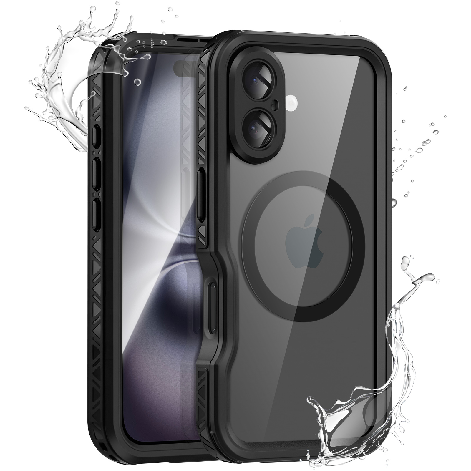 Schwarzes iPhone im wasserdichten Gehäuse mit Wasserspritzern. Apple-Logo sichtbar.