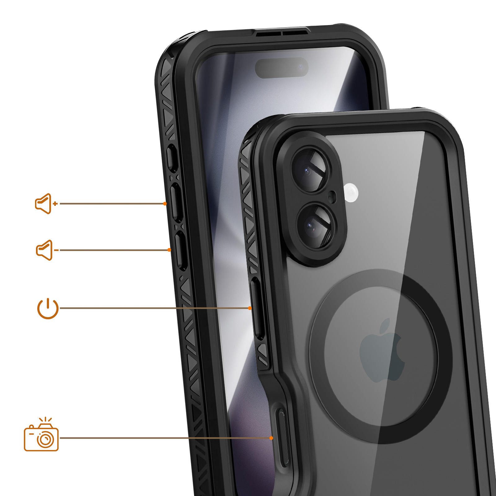 Schwarze iPhone-Hülle mit Lautstärke-, Ein-/Aus-Tasten und Kamera-Icon-Anzeigen.