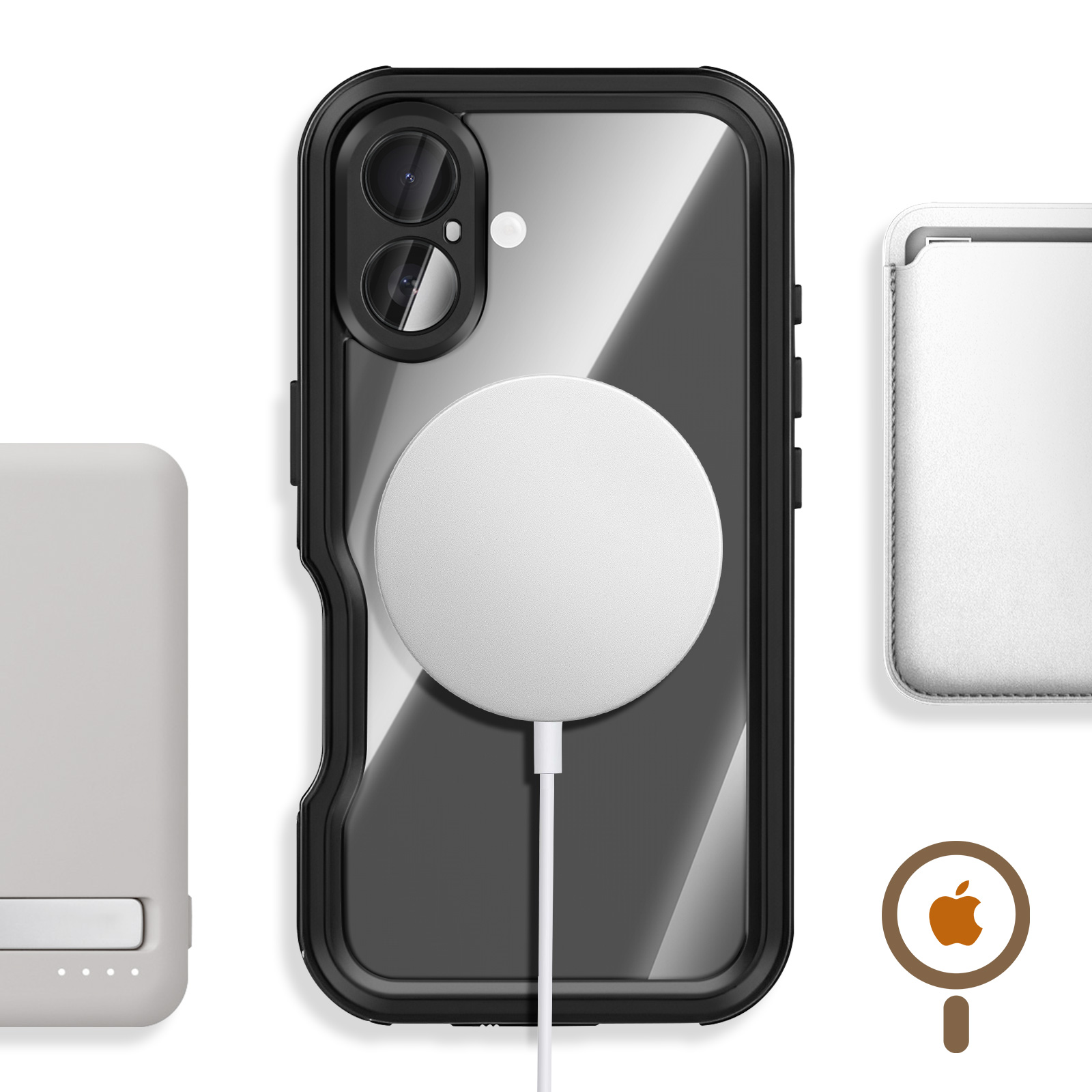 iPhone mit MagSafe Ladegerät, Powerbank und Kartenetui auf weißem Hintergrund.