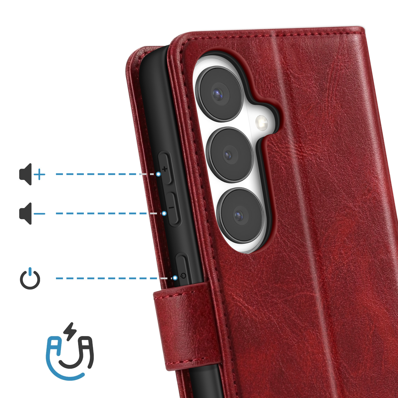 Rote Lederhülle mit Handy-Kameramodul, Lautstärke- und Einschalttasten.