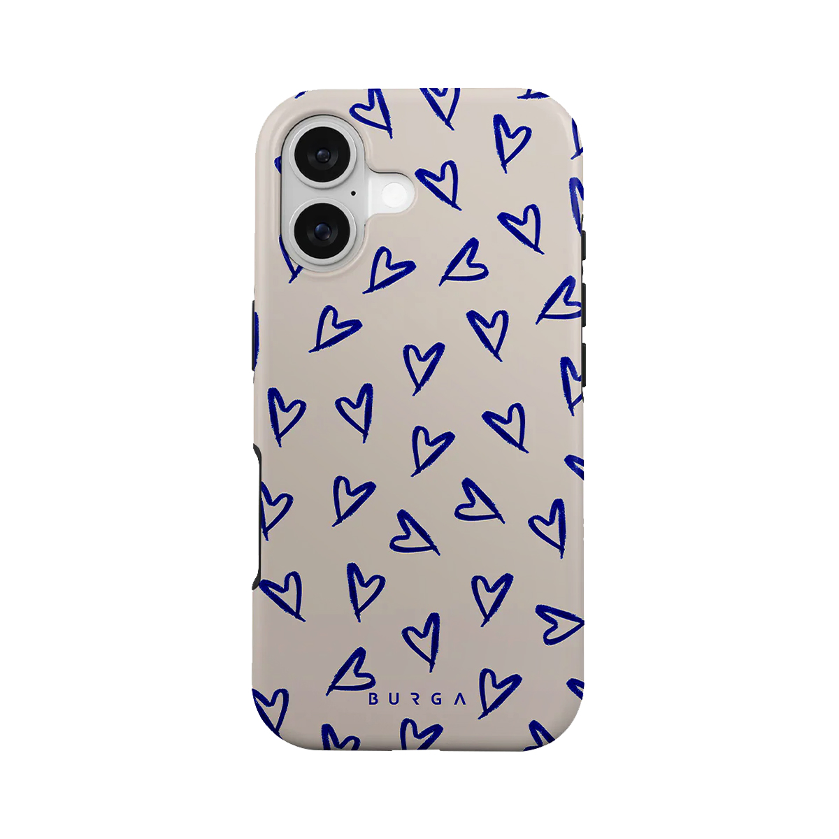 Una funda de teléfono gris claro con estampado de corazones azules y corte de cámara.