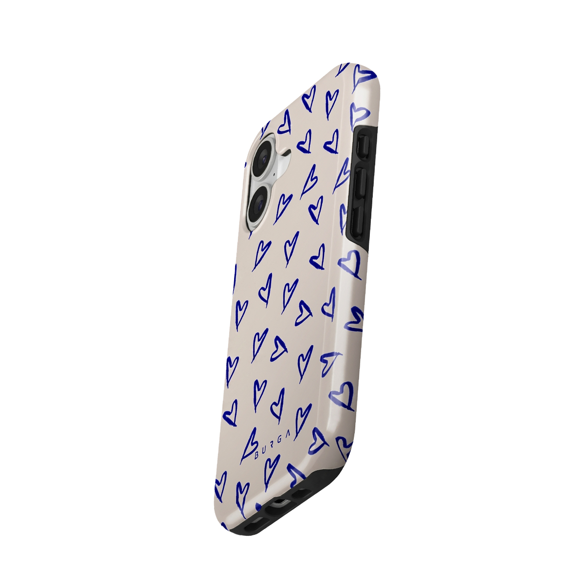 Funda de teléfono con fondo beige y estampado de corazones azules. Incluye cámara.