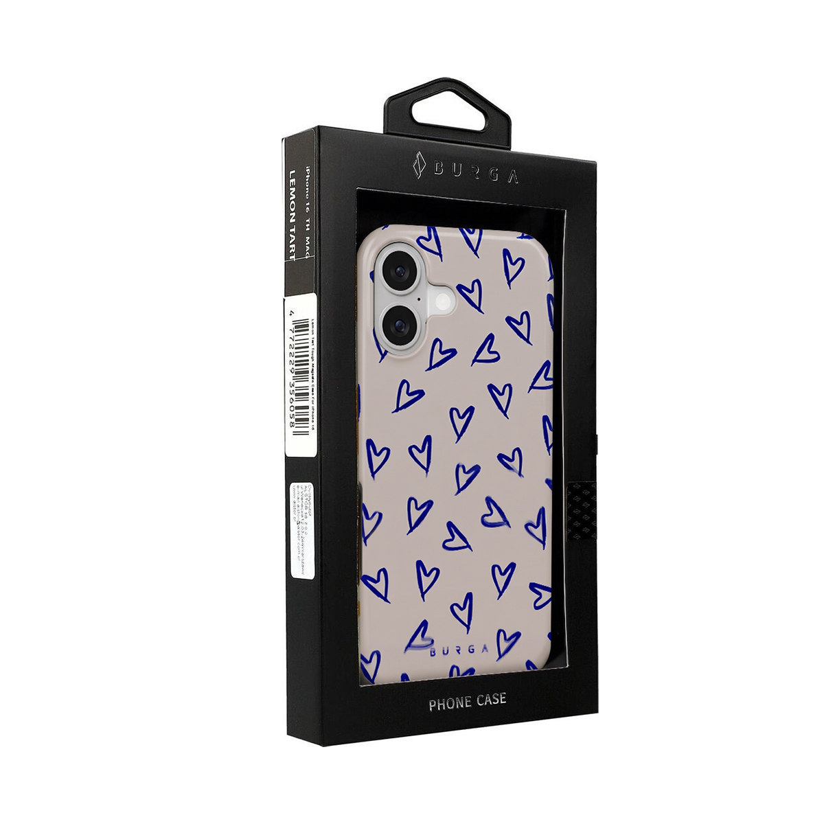 Funda de iPhone con corazones azules sobre fondo claro en embalaje negro.