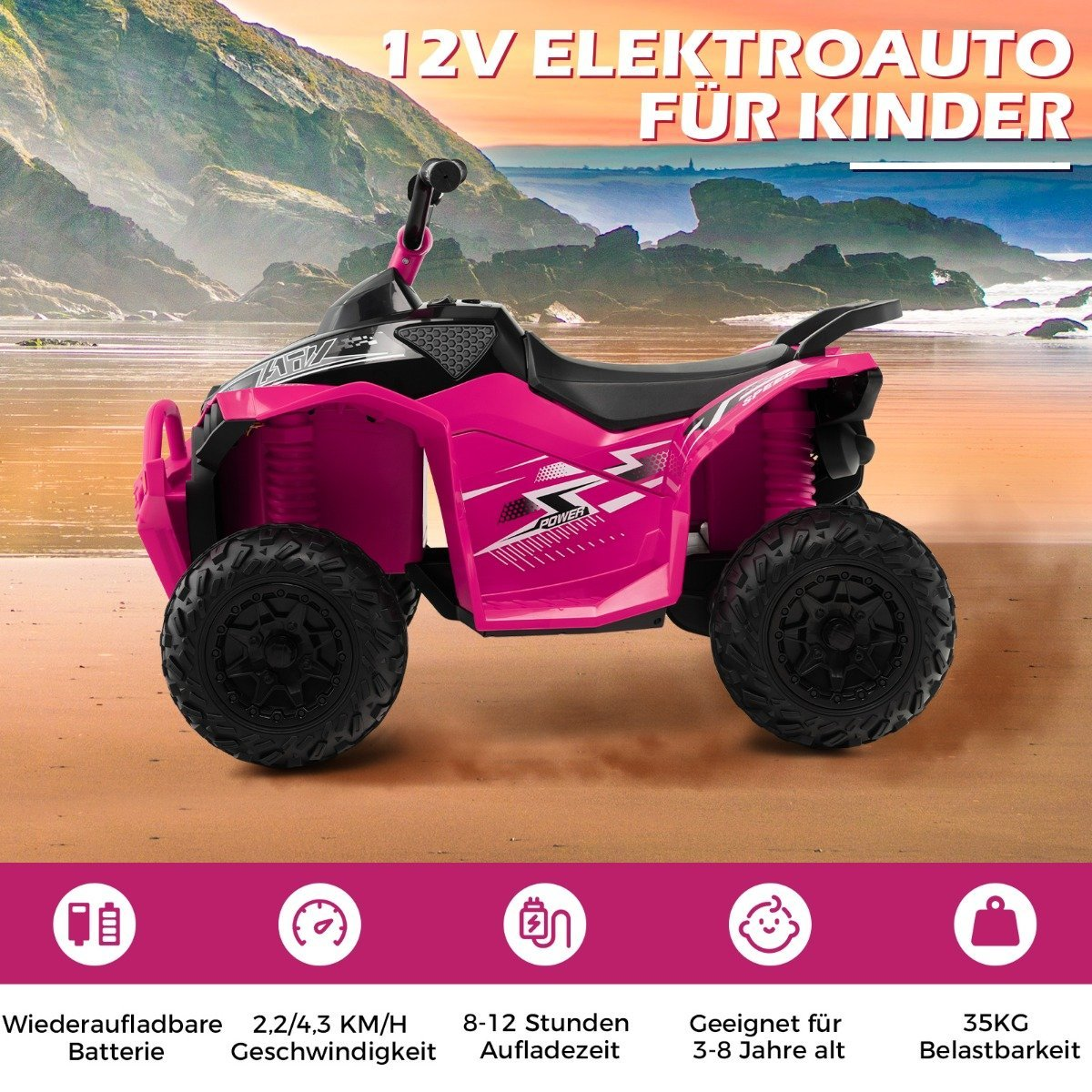 Pink kids' electric quad bike on a beach with mountains in the background.