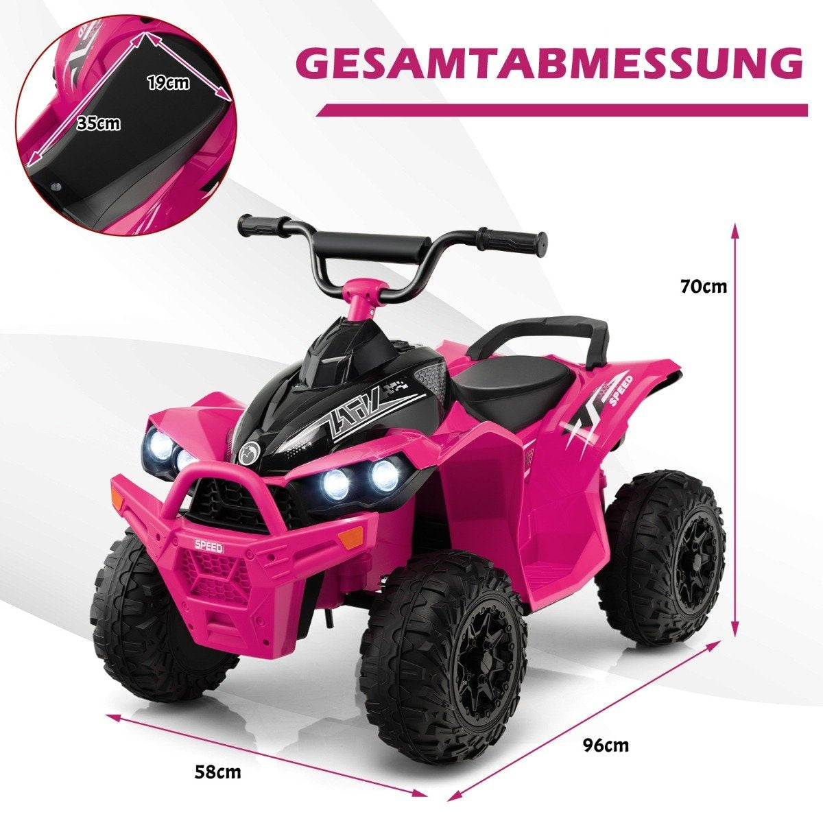 A pink children's quad bike with black wheels, handlebars, and seat.