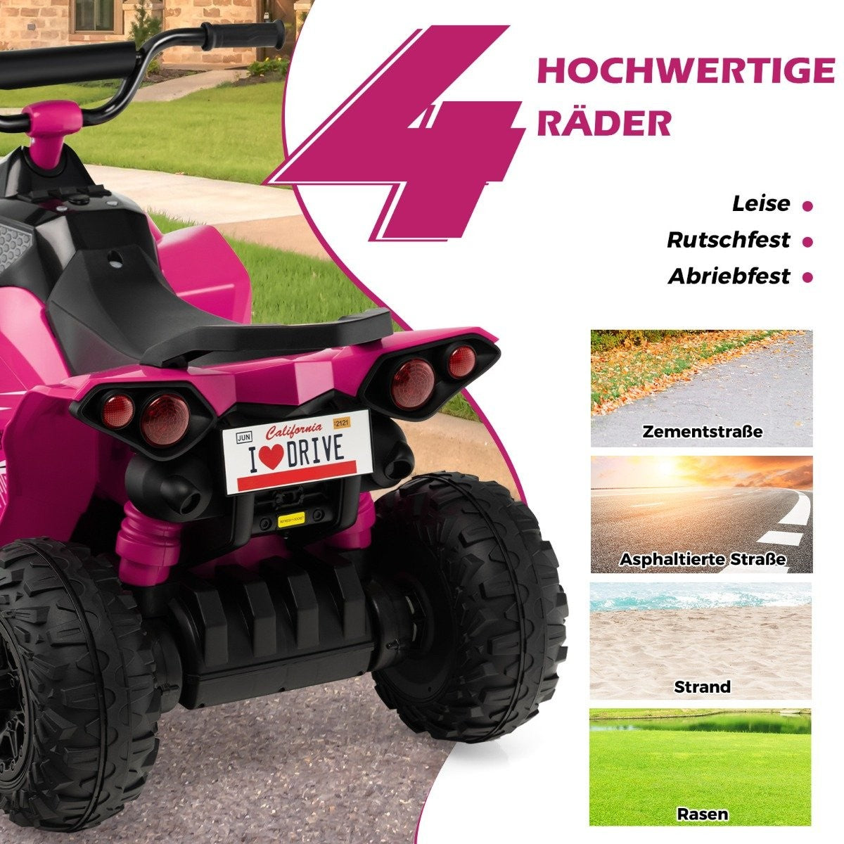 Pink quad with "I DRIVE" license plate, "4 Wheels" text, and road images.