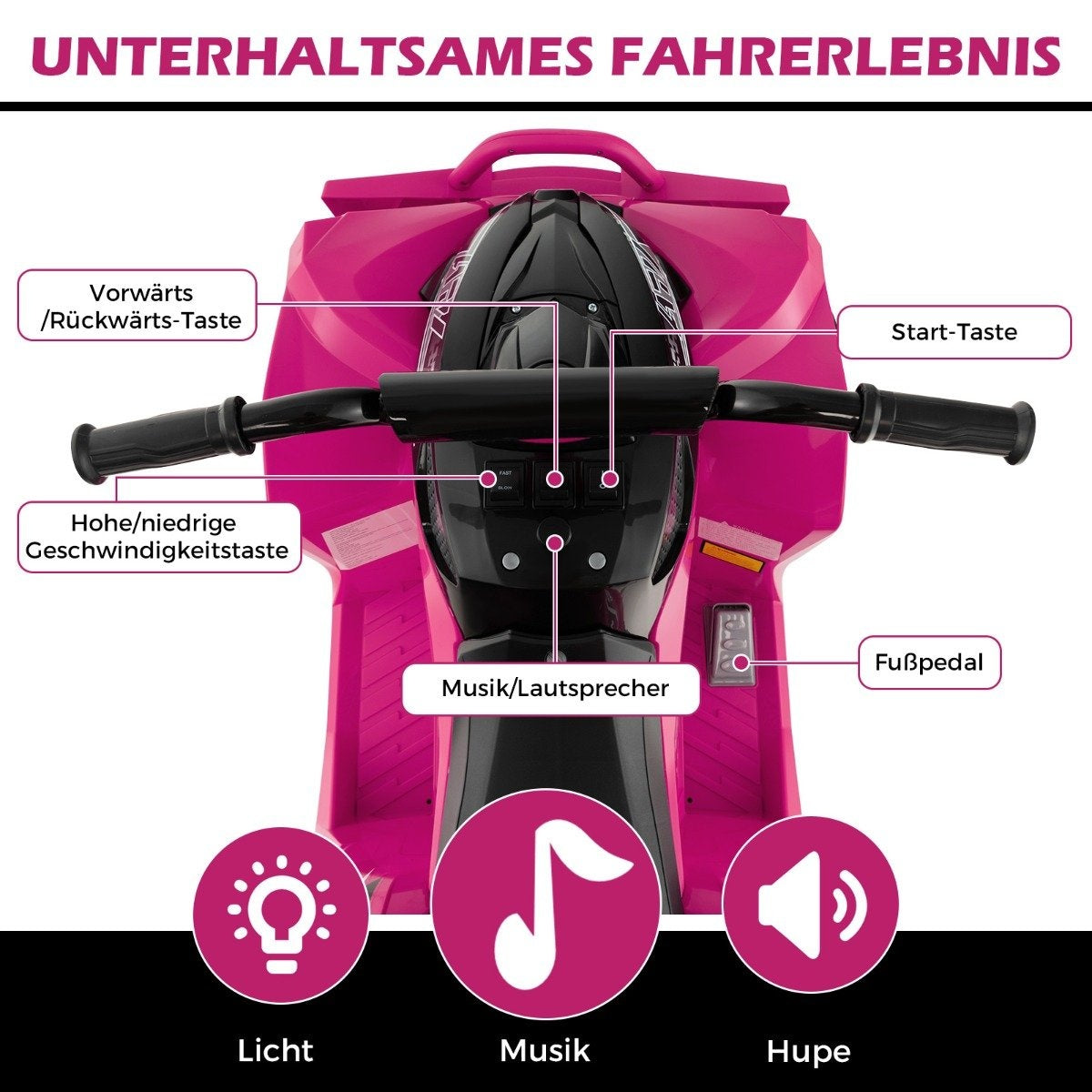 Pink children's ride-on toy with steering wheel, buttons, and icons for light, music, horn.