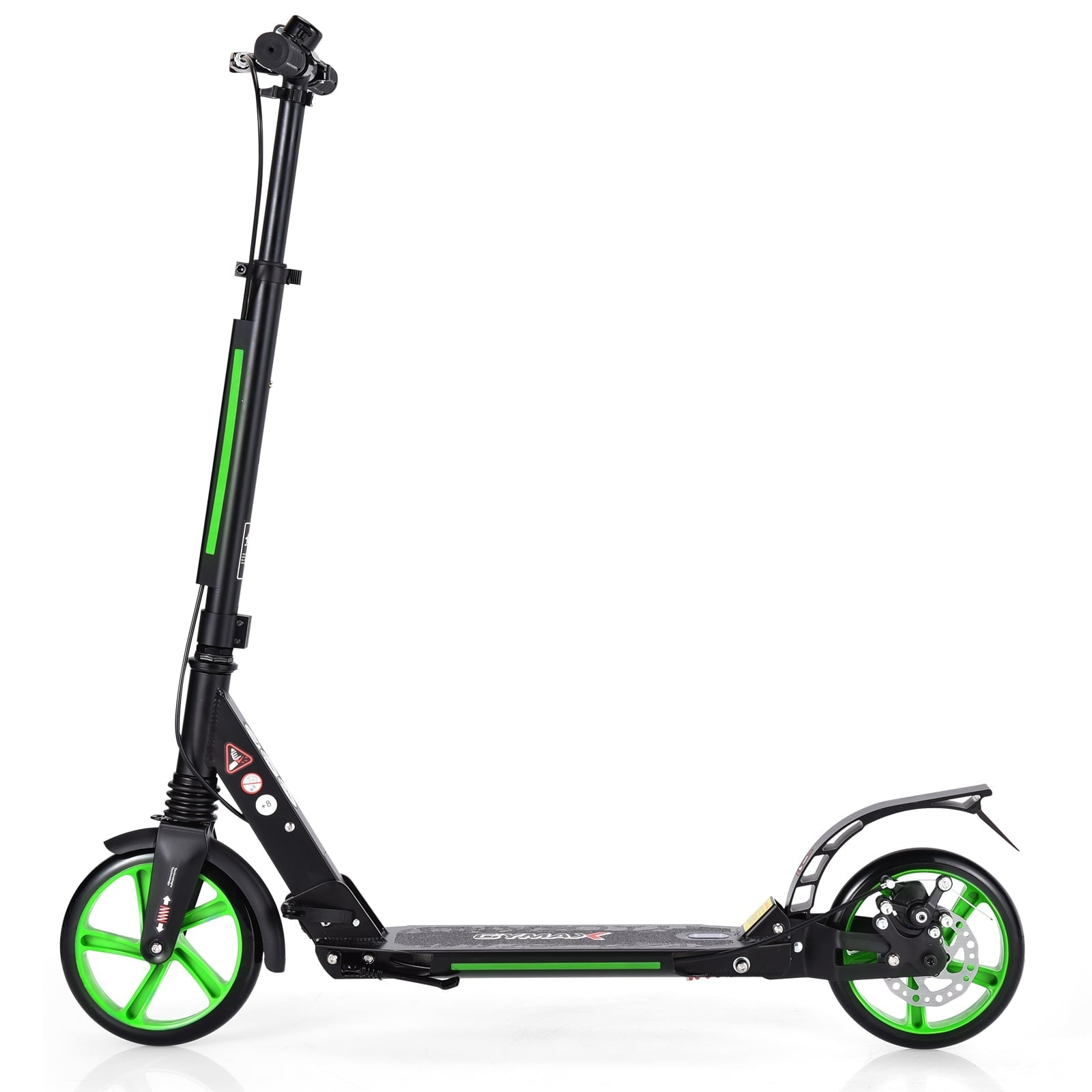 A black scooter with green wheels and accents on a white background.