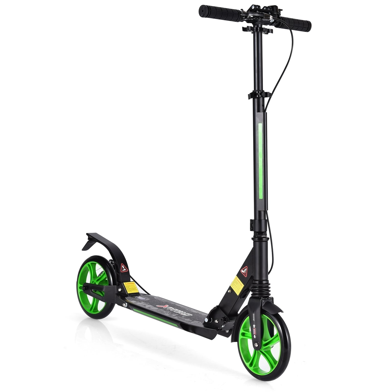 A black scooter with green wheels and handlebars, on a white background.
