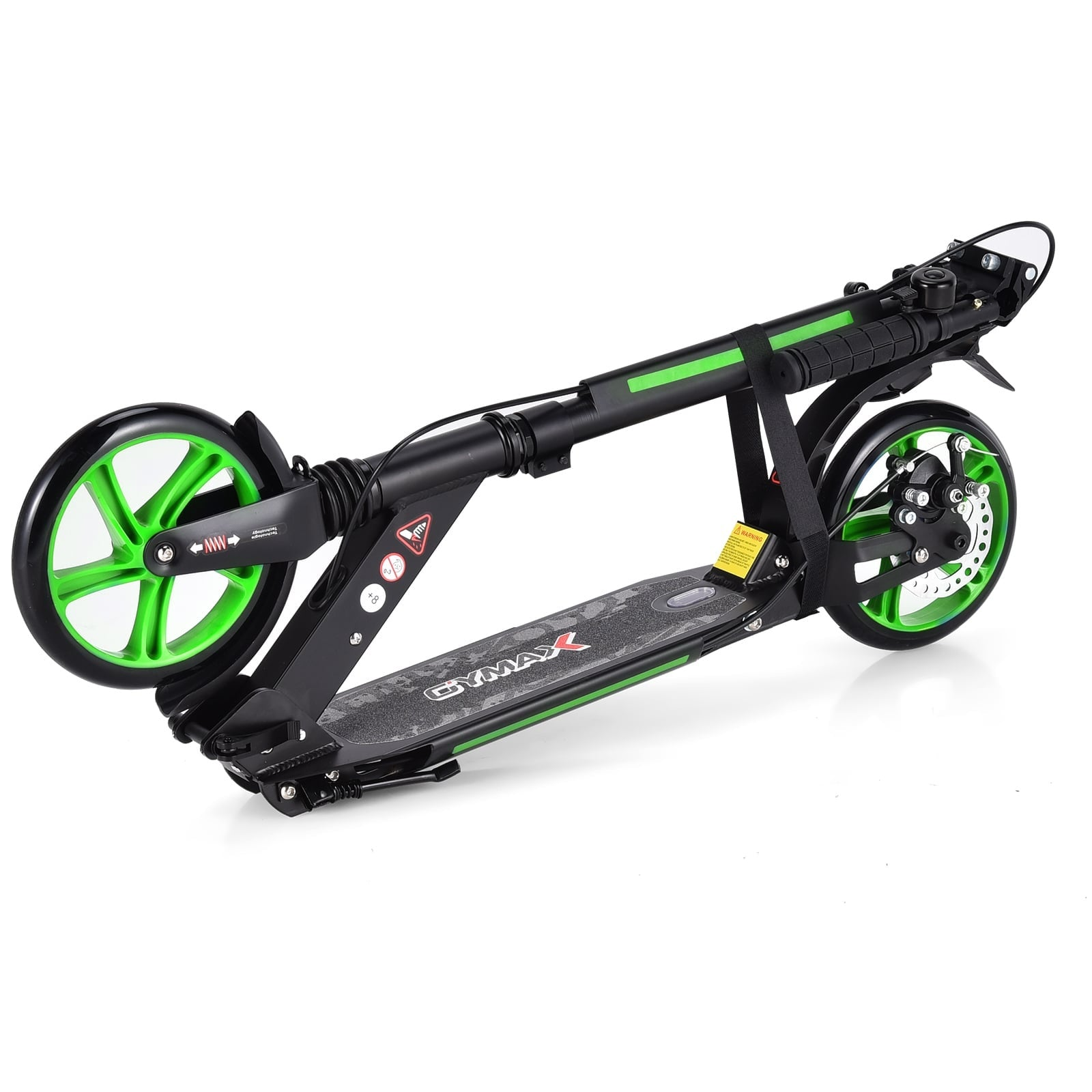 A black and green folded scooter with green wheels and a white background.