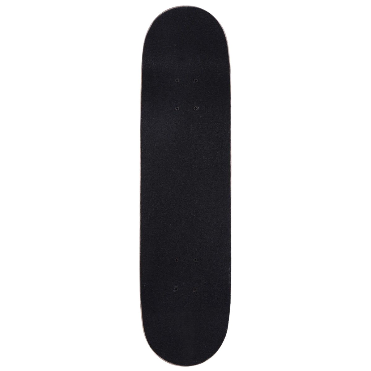 A black skateboard deck with grip tape and visible screw holes.
