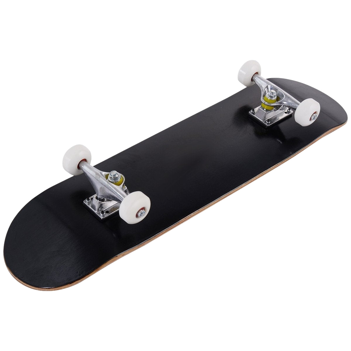 A black skateboard with white wheels and silver trucks on a white background.