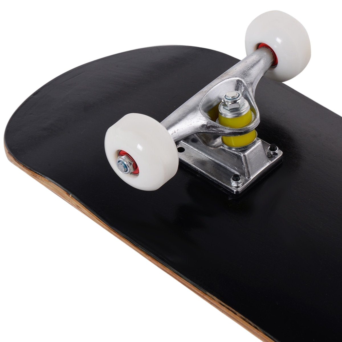A black skateboard with white wheels and silver trucks.