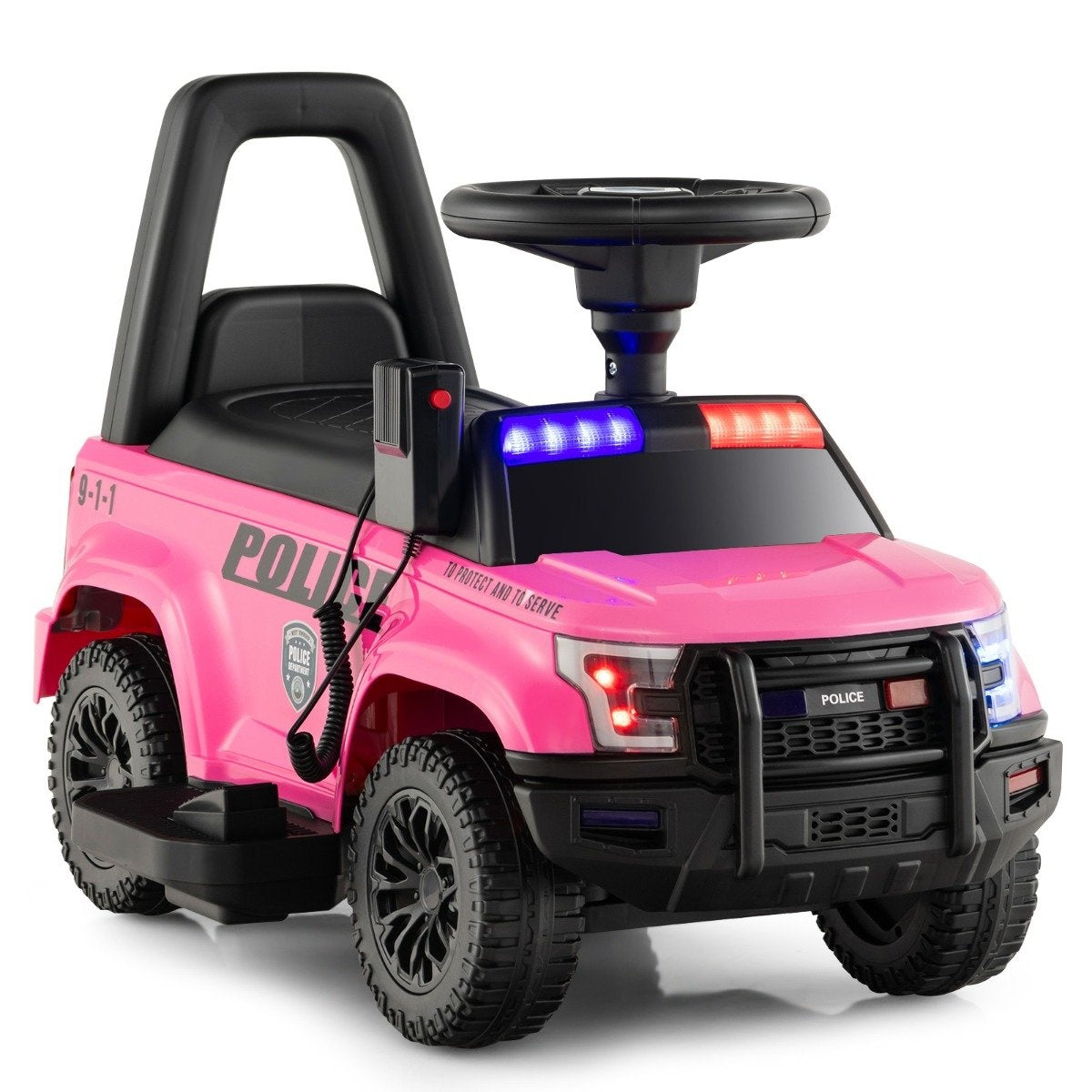 Pink toy police car with flashing blue and red lights, black steering wheel and tires.