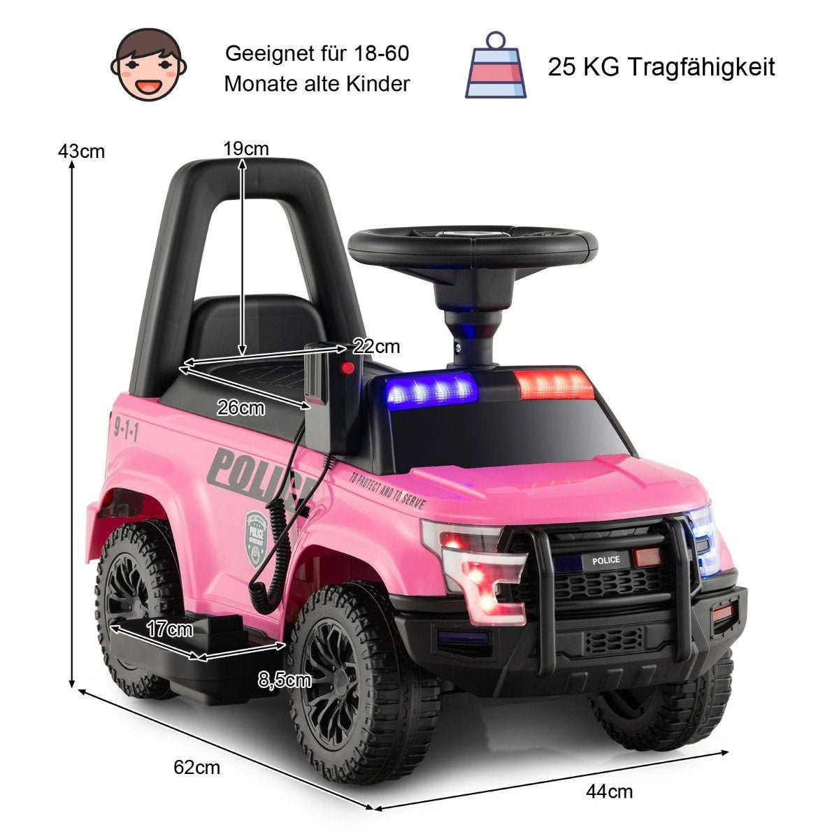 A pink toy police car with detailed measurements and decals.