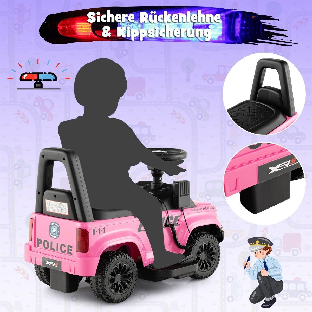 A pink toy police car with a silhouette of a child sitting in it.