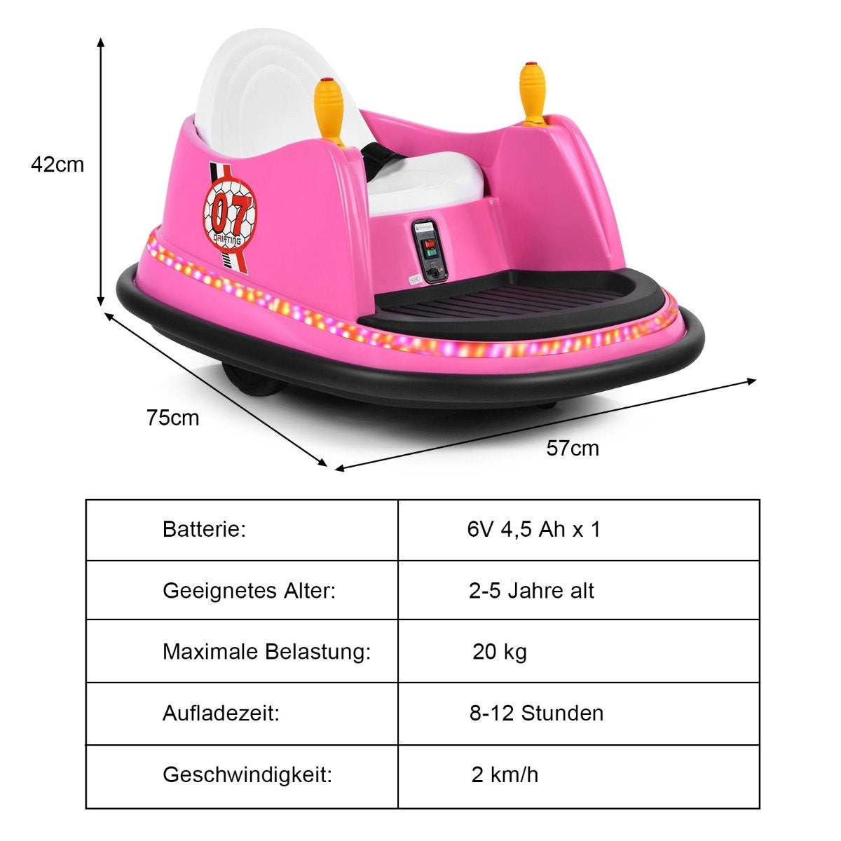 Pink children's ride-on car with lights, dimensions 75x57x42cm. Battery: 6V 4.5Ah.
