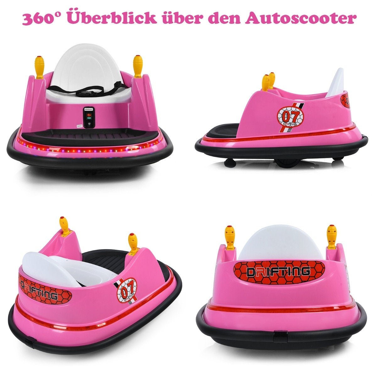 Four views of a pink child's bumper car with 