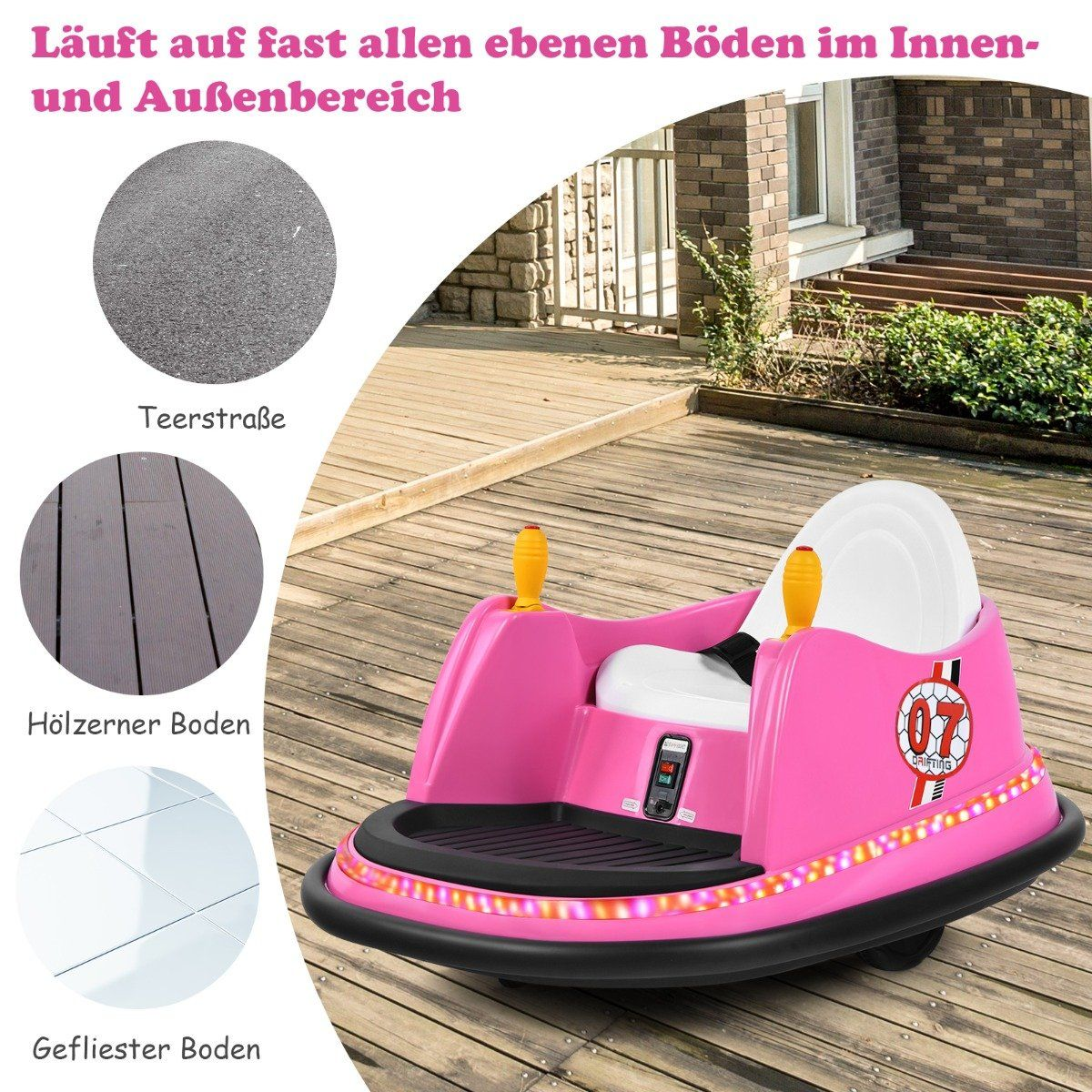 A pink children's bumper car with lights sits on a wooden deck. Three circles show ground surfaces.