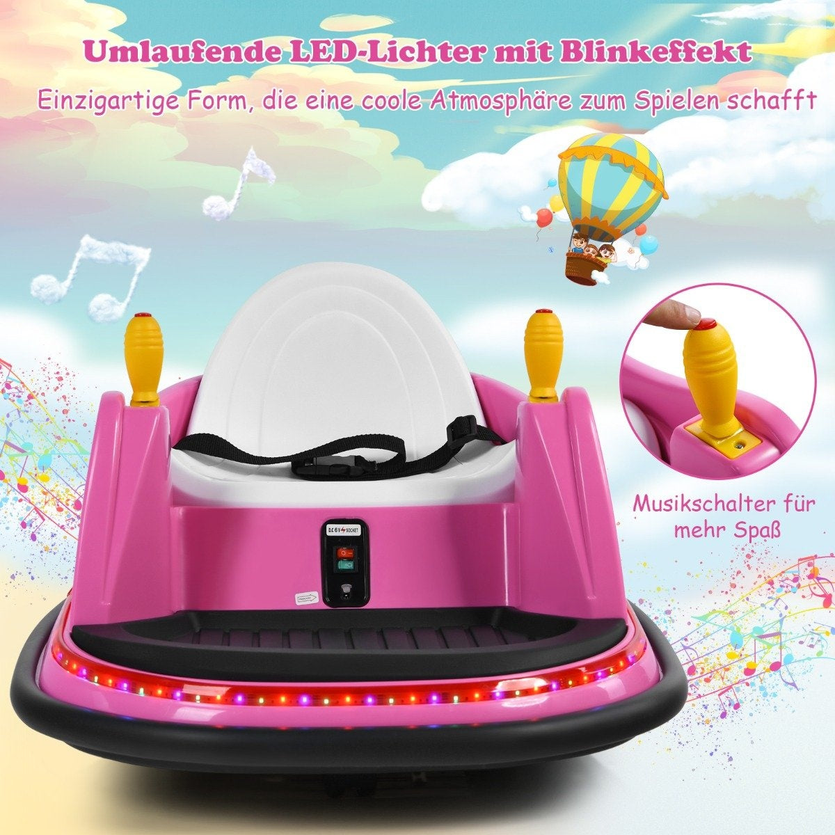 A pink kids' bumper car with LED lights, music switch, and hot air balloon decor.