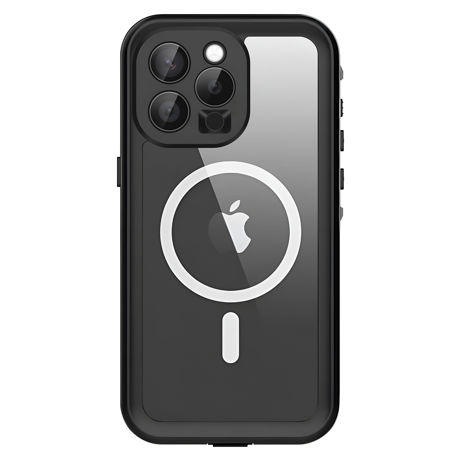Schwarzes iPhone-Case mit MagSafe-Logo und Kamera-Array auf der Rückseite.