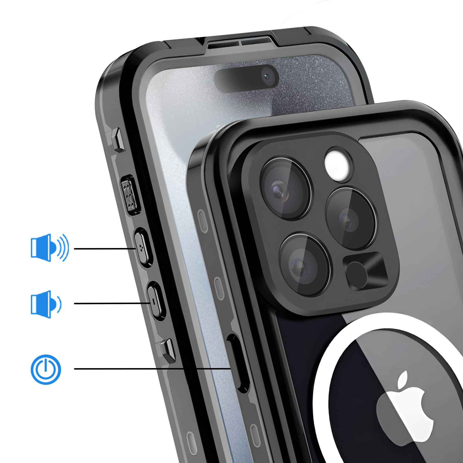 Schwarzes iPhone-Schutzgehäuse mit Kameraobjektiven und Lautstärkesymbolen.