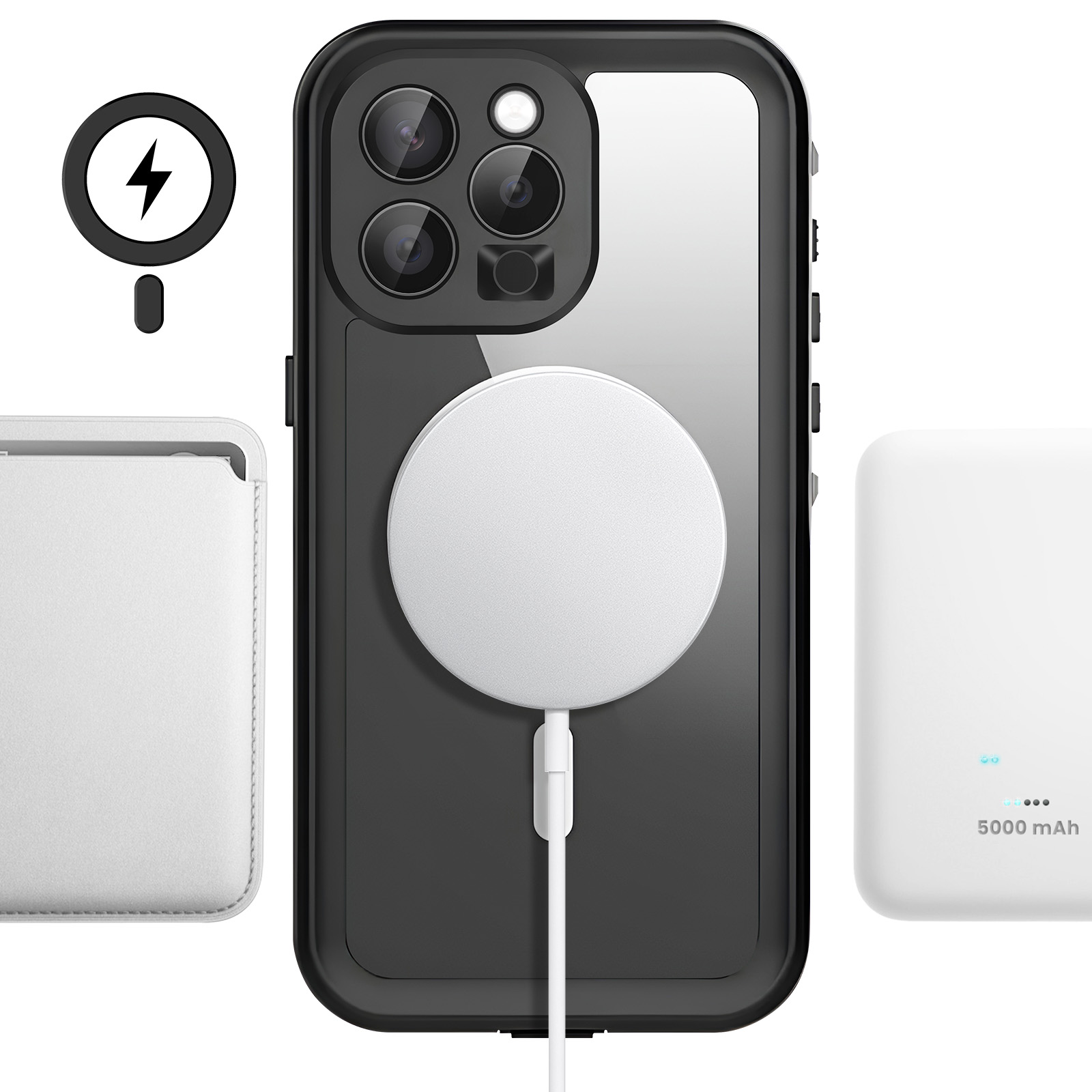 Schwarzes iPhone mit MagSafe-Ladegerät, weißer Brieftasche und weißer Powerbank.