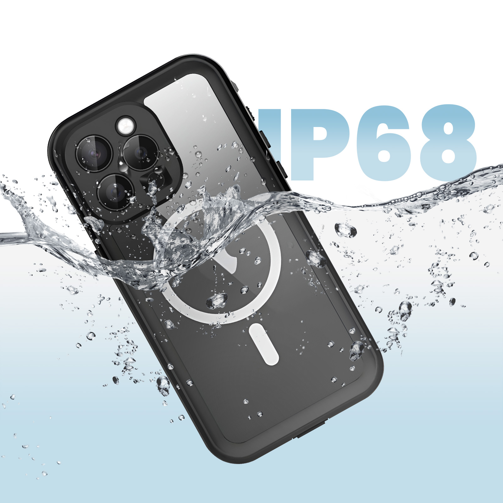 Ein schwarzes Handy mit wasserdichtem Gehäuse taucht in Wasser. IP68.