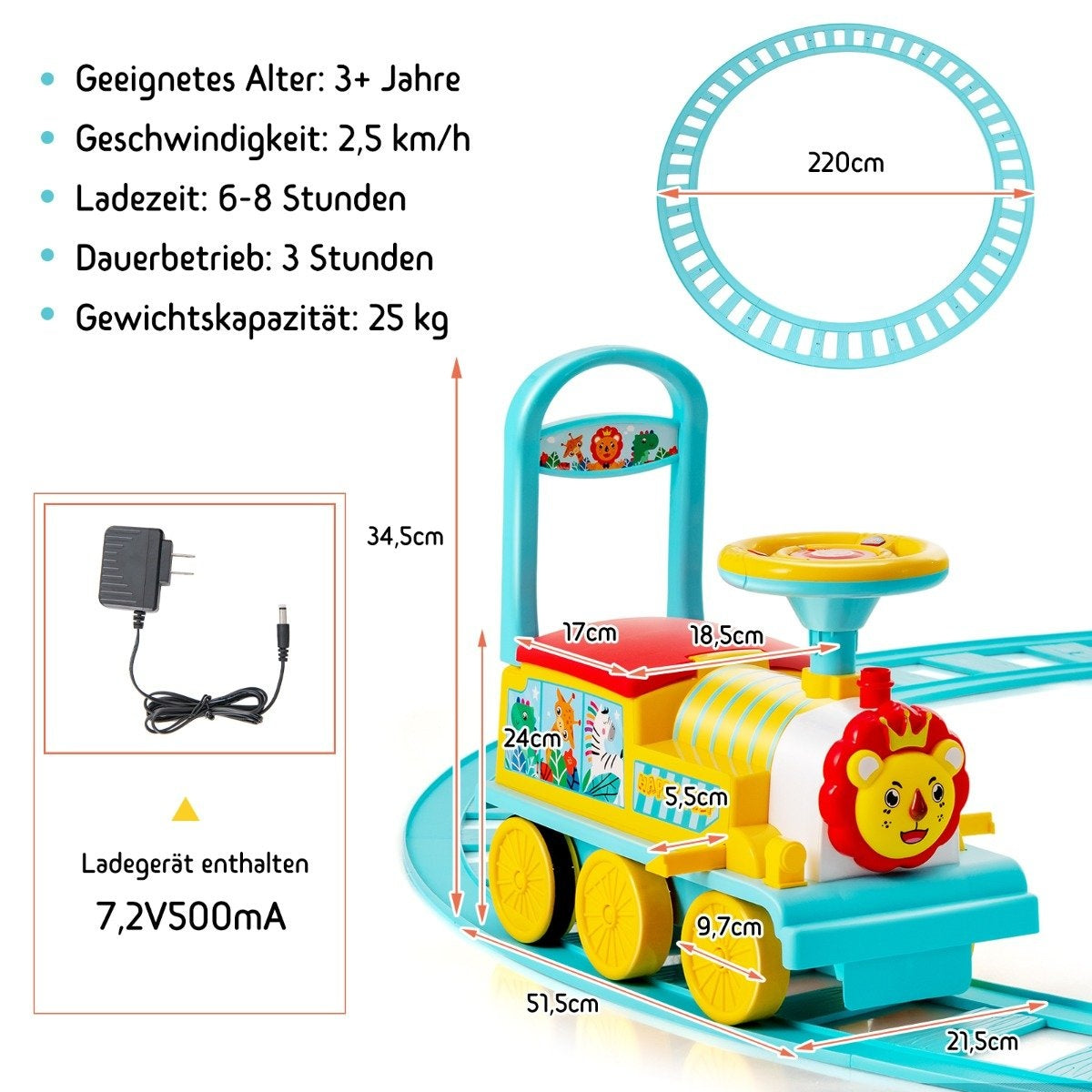 Child train toy with charger and dimensions. Suitable for ages 3+.