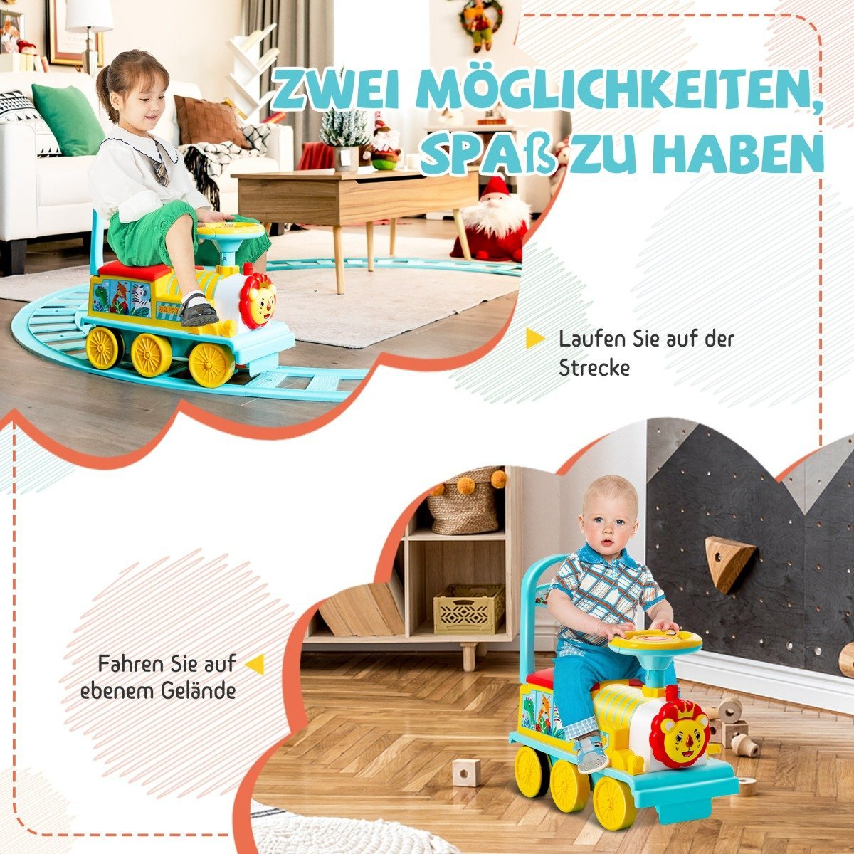 A girl rides a blue toy train track, a baby rides a toy train.