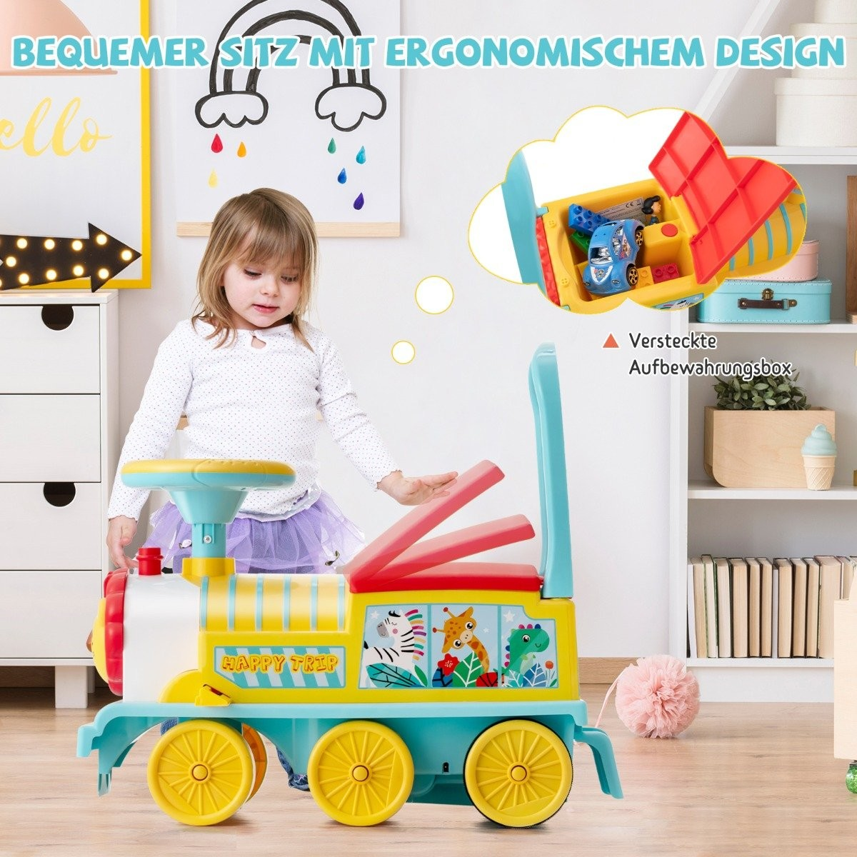 A young girl sits on a yellow and turquoise toy train with red seats.