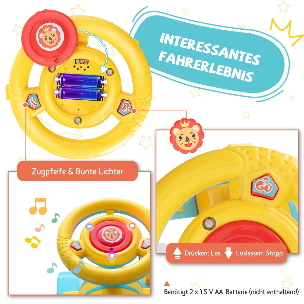 Yellow toy steering wheel with battery compartment, buttons, and sound effects.
