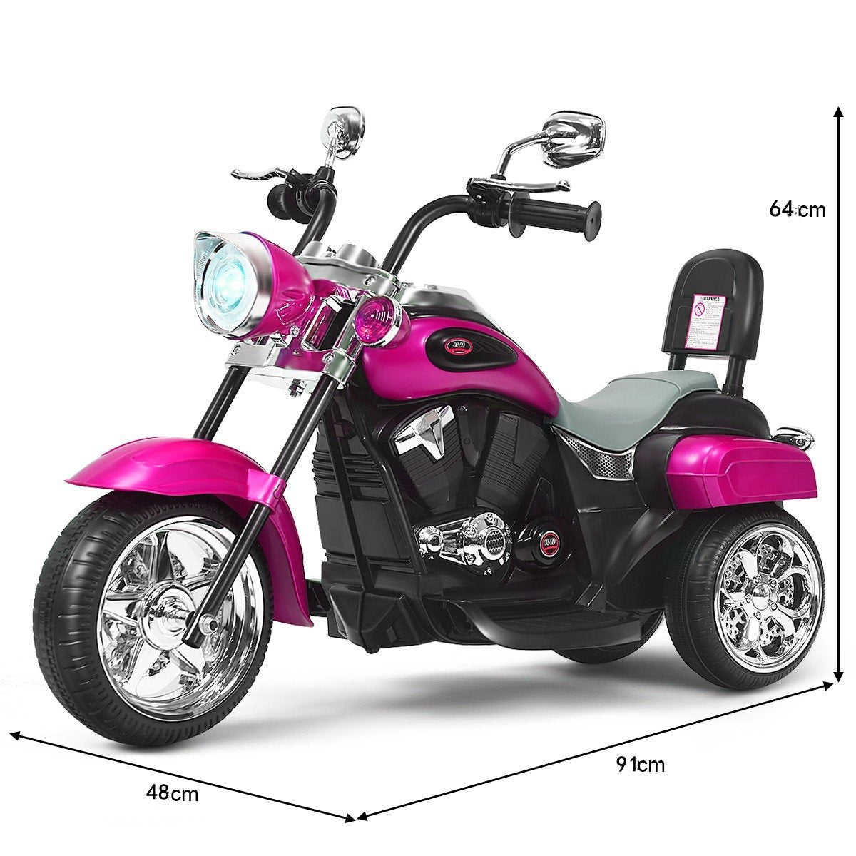 A pink children's tricycle motorcycle with chrome wheels and a headlight.
