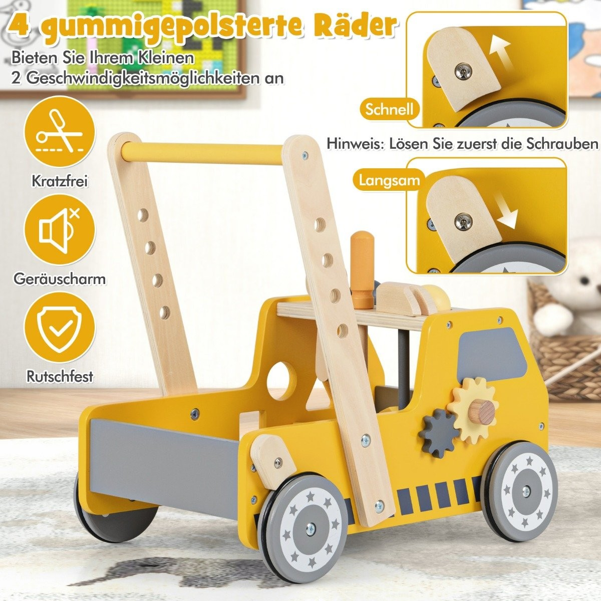 Yellow wooden walker with rubber wheels and toy tools. Features 2 speed settings.