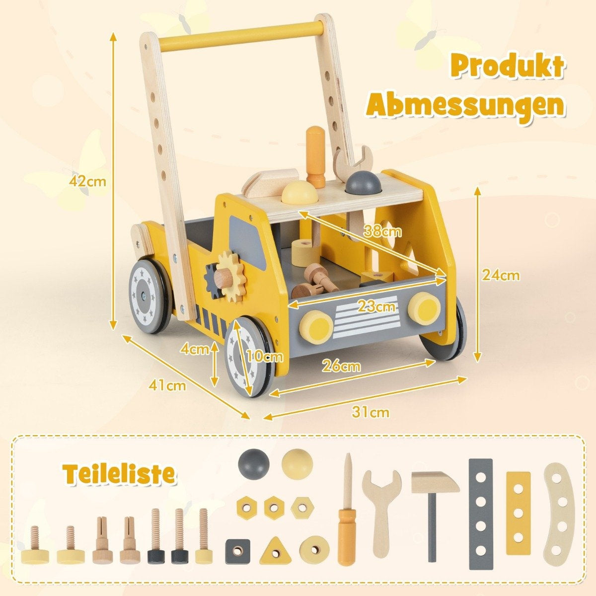 A yellow wooden workbench toy with tools and dimensions shown.