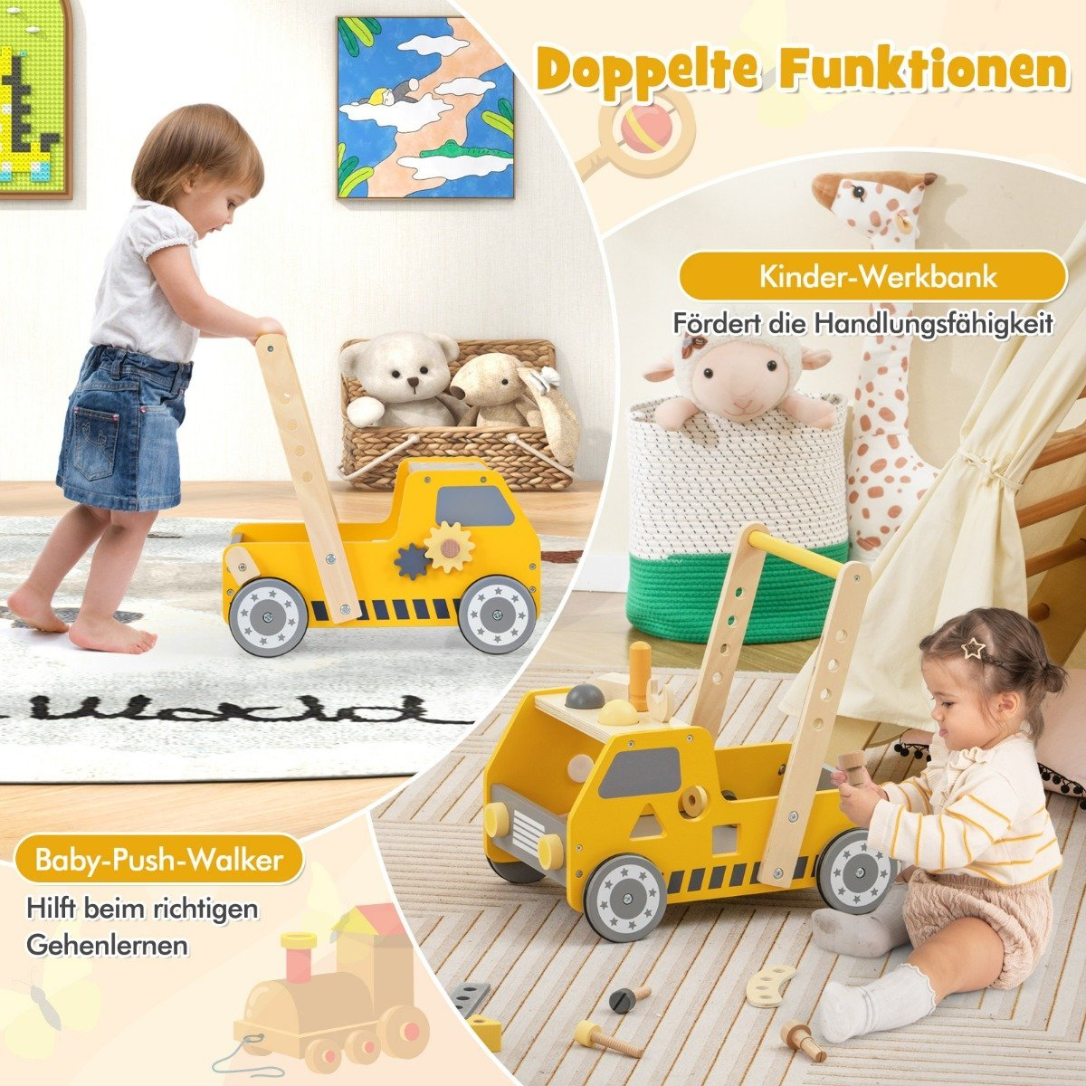 Yellow wooden toy truck walker with two children. Double functions.