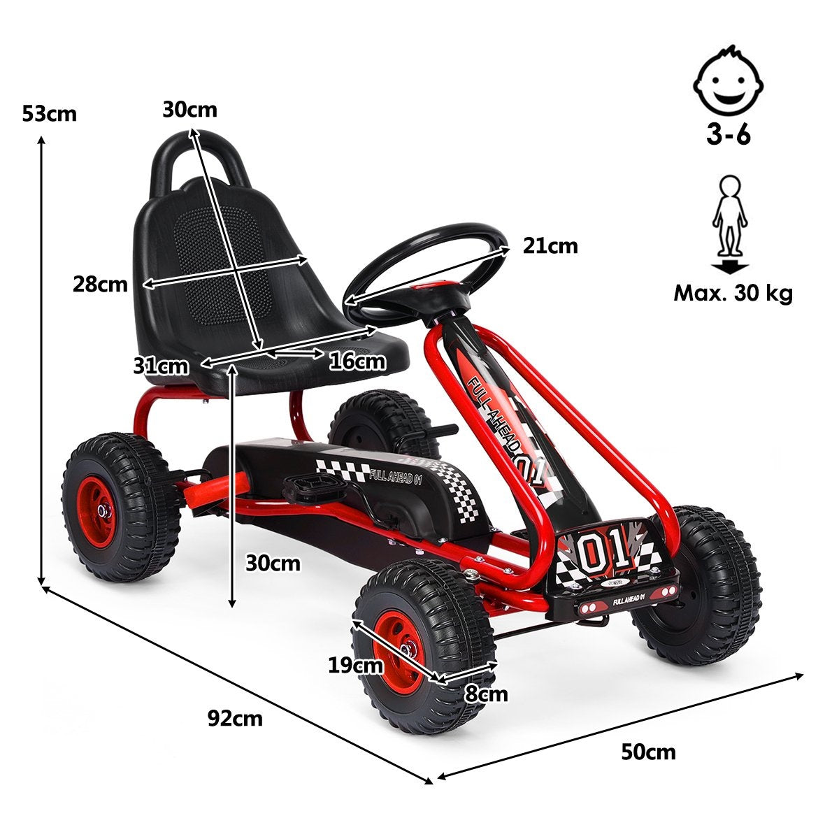 A red go-kart with black wheels, seat, and steering wheel. Dimensions are shown.