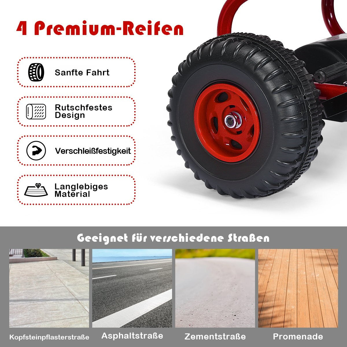 Image shows a tire with text about its features and suitable road surfaces.