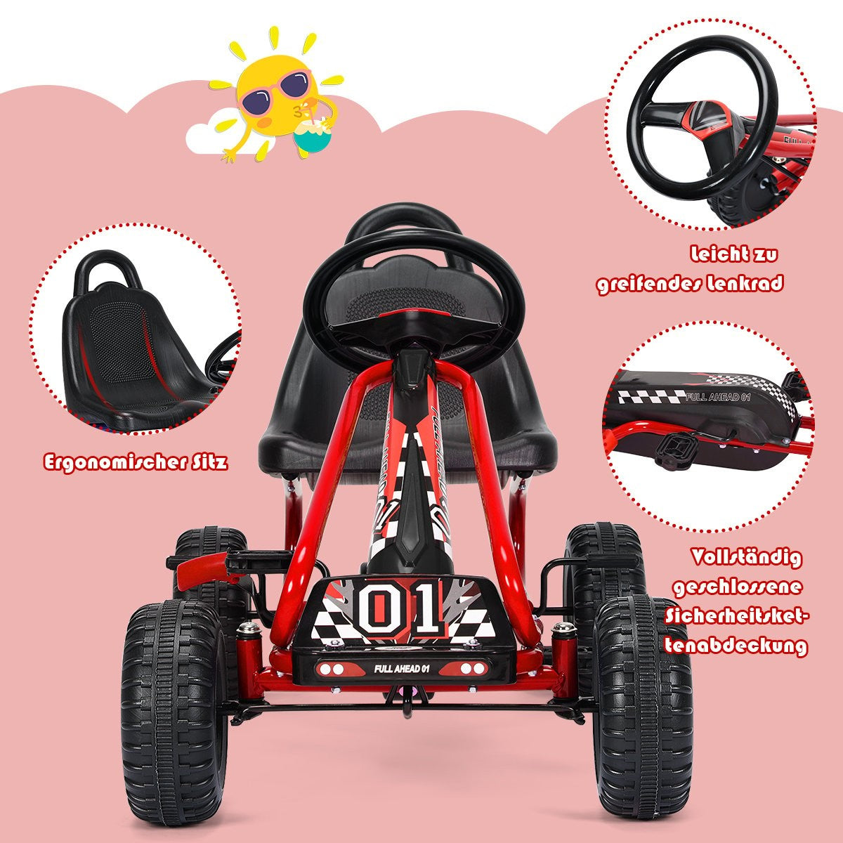 A red go-kart with a black seat, steering wheel, and "01" graphic.