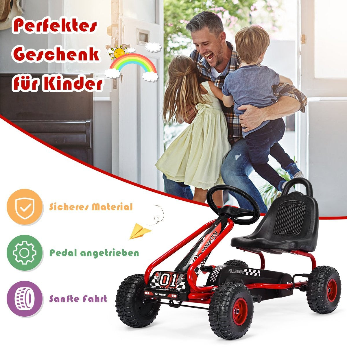 A father hugs his children in front of a red go-kart. Text: Perfect gift for kids.