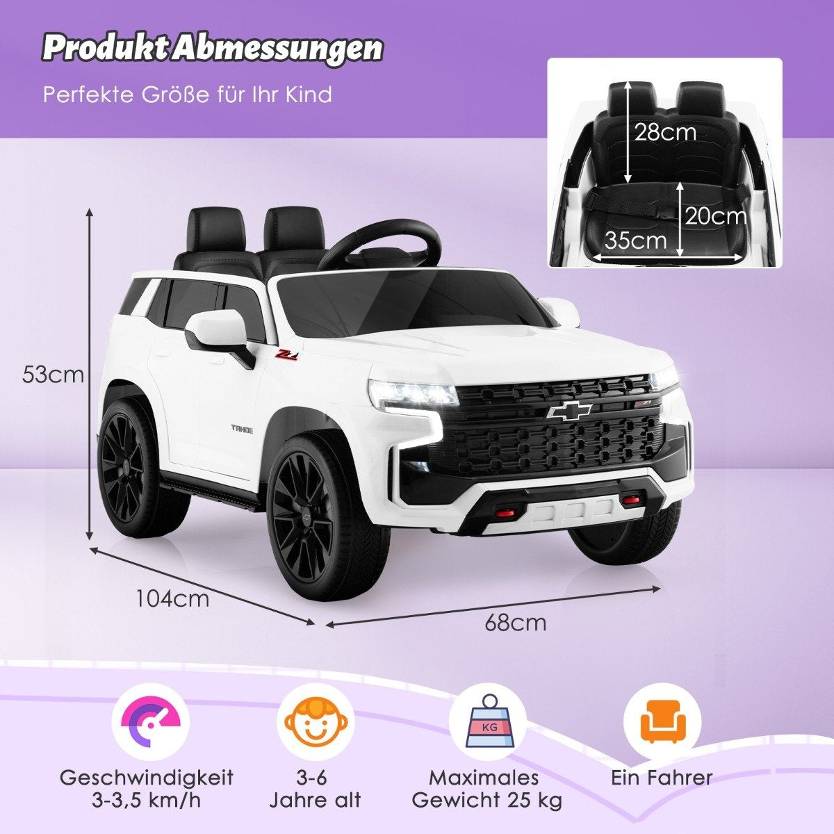White kids' electric car with dimensions: H 53cm, L 104cm, W 68cm. Seat depth 35cm.