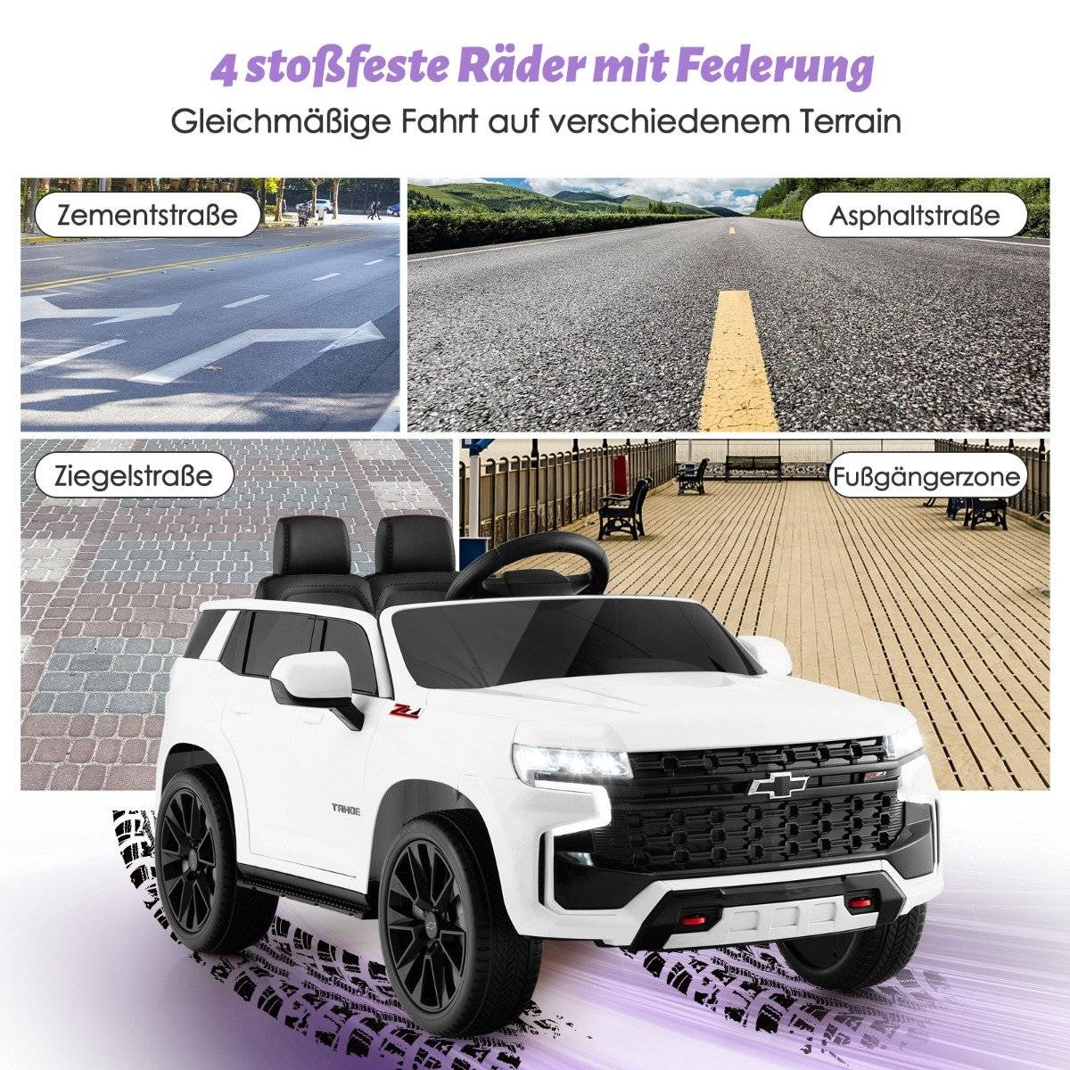 A white electric toy car with four images of different road surfaces.