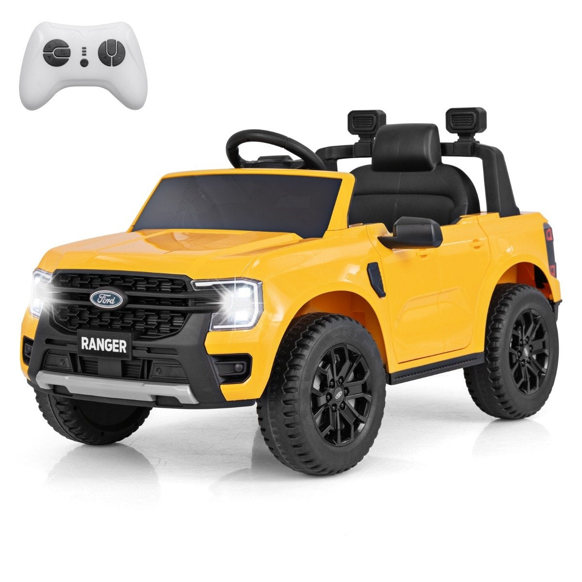 A yellow Ford Ranger toy SUV with a remote control.