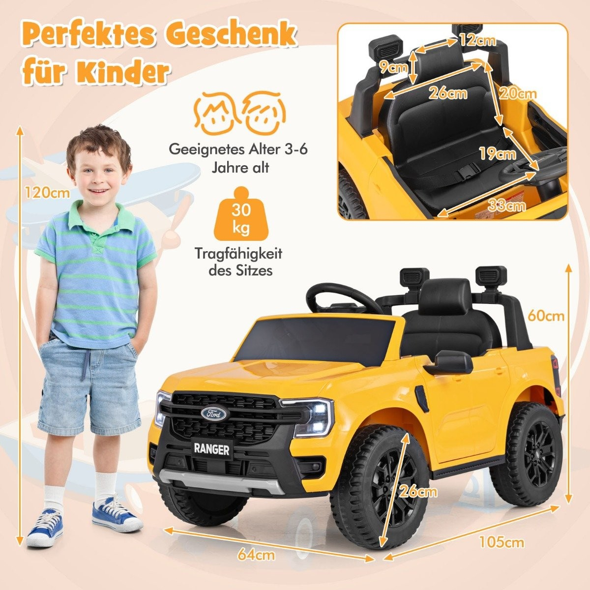 A boy stands next to a yellow toy car with dimensions. Suitable for 3-6 years, 30kg.