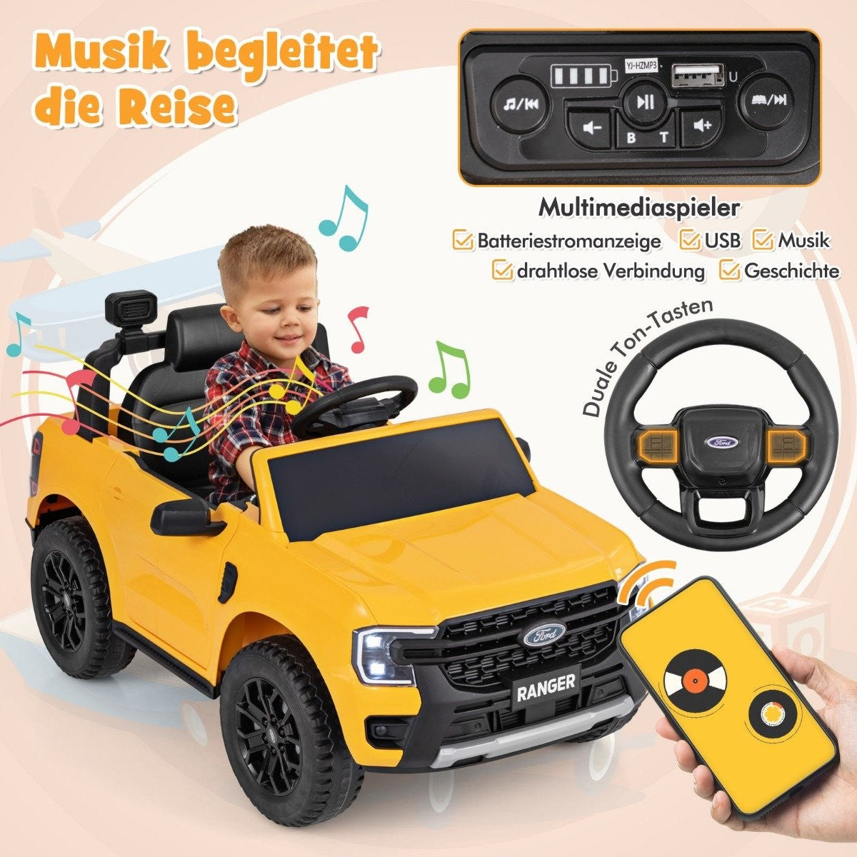 A boy drives a yellow toy car, with musical notes and a remote control.